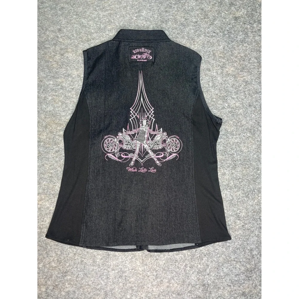 WOMEN'S‎ MOTORCYCLE WHOLE LOTTA LOVE DENIM SLEEVELESS ZIPPERED EMBROIDERED XL